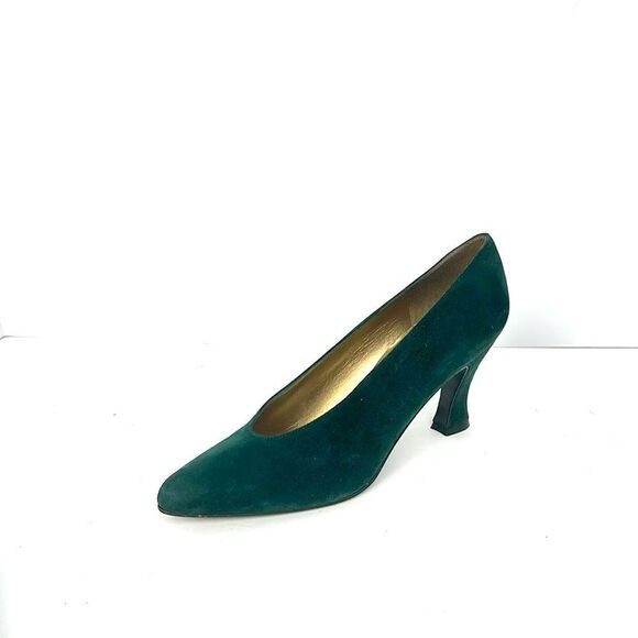 New Stuart Weitzman Green Suede Heels Pumps Gold Tone Leather Lining US 8 B - Picture 3 of 12